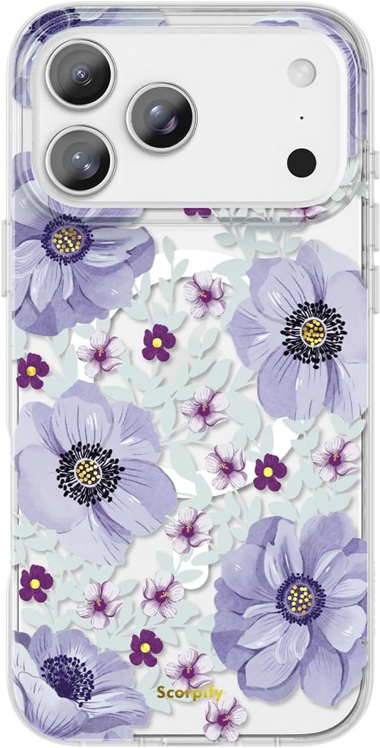 SCORPIFY for iPhone 17 Pro Max Case [Compatible with MagSafe] with Purple Anemone Floral Design, Cute Clear Flower Phone Magnetic Cover for Women Girls, Slim Bumper with Gold Accents
