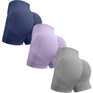 OVESPORT 3 Piece Workout Shorts for Women Seamless Scrunch Butt Lifting High Waisted Yoga Gym Booty Running Short Pants (X-Large, Deep Blue/Light Grey/Light Purple)