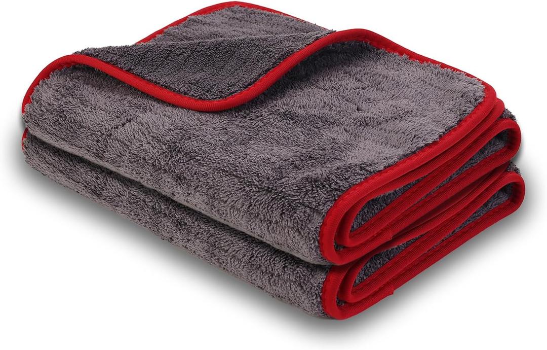 2-Pack 1200 GSM Car Drying Towels Microfiber Towels for Cars (36" x 12"), Ultra-Absorbent, Streak-Free, Scratch-Free, No Water Spots, Double-Coral Fleece Microfiber & Gray & Red Hemmed Edges