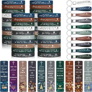 150 Pcs Christian Gifts Set Bulk Bible Verse Bracelets Silicone Christian Bible Keychains Bookmarks Bible Verse Wristbands Motivational Keychain Inspirational Book Markers for Adult Kids Church Gifts