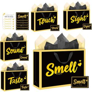 2 x Five Senses Gift Bags for Mother - 5 PCS Black and Gold Gift Bags Mothers Day with Handle Greeting Card Tissue Paper Sight Smell Touch Taste Sound Foil Stamping Gift Bag for Him Her for Birthday Anniversary Wedding 12 Inch