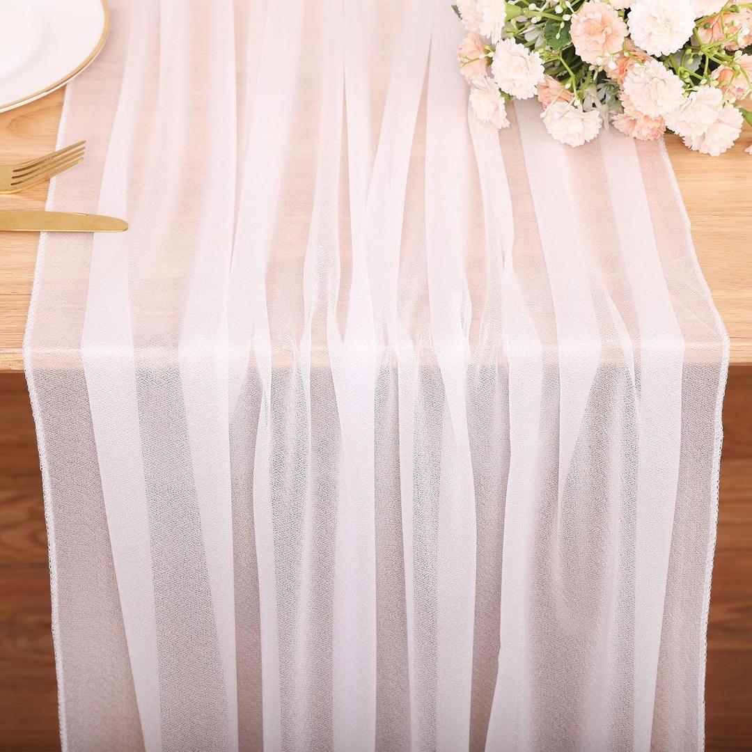 10FT White Chiffon Table Runner 30x120 Inches Romantic Sheer Table Runner Boho for Baby Bridal Shower Decorations Wedding Birthday Party Outdoor Decor