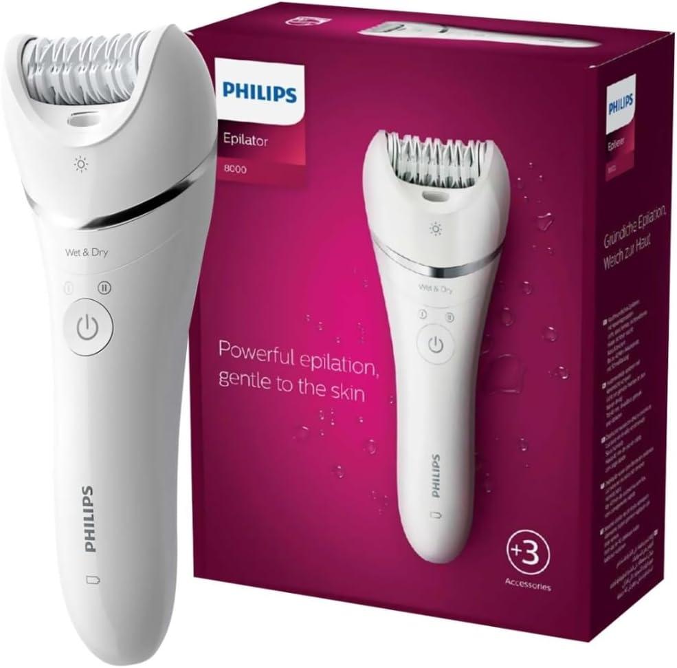 Philips Series 8000 Wet and Dry Epilator for Legs and Body, Includes 3 Accessories, 2hrs Charge + Quick Charge, 2 Speed Settings, BRE700/00