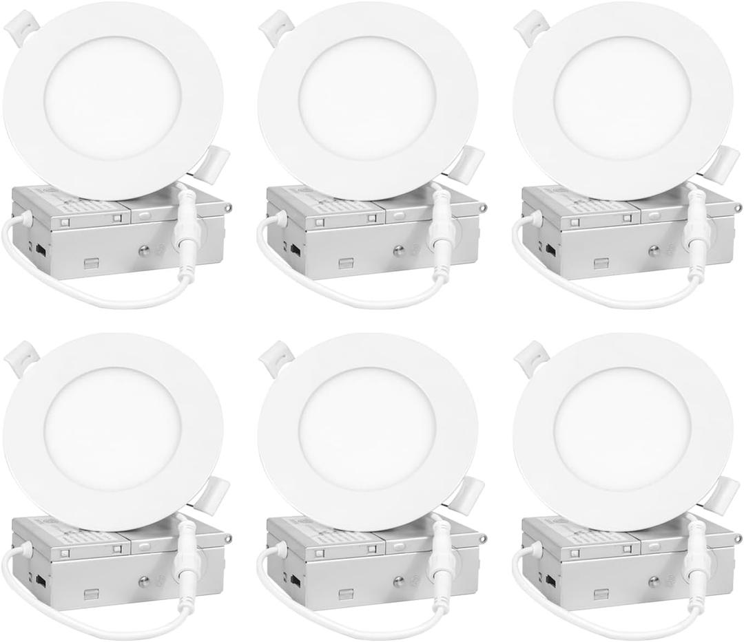 4 inch 6 Pack Recessed Lighting, 5CCT LED Recessed Light with Junction Box, Dimmable Canless Wafer Downlight,2700K-5000K Selectable, 9W, 120V, 750LM, ETL FCC (White)