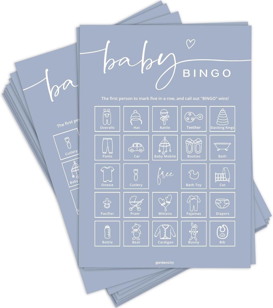 GardenCity Baby Shower Bingo Game for Boy or Girl, Pre-Filled Fun Baby Shower Activity, 50 Cards, Blue