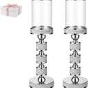 Hurricane Candle Holder, 15.9" Tall Metal Candle Stand, Glass Pillar Candle Holders, Crystal Silver Decorative Centerpieces for Table, Wedding and Dining Room (Fits Candles up to 3"x5", 2pcs, L)