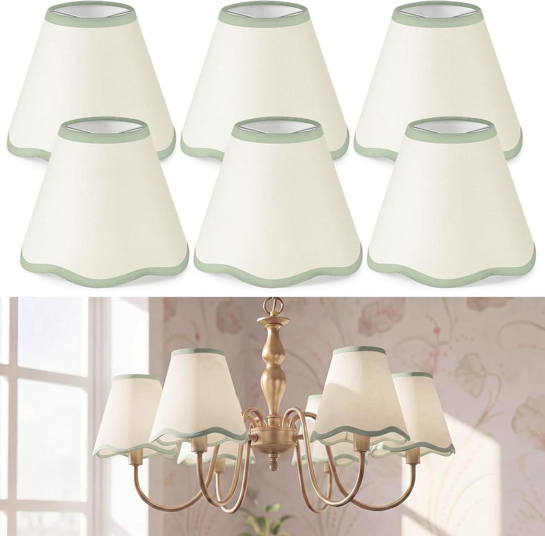 VIHOSE Set of 6 2.9" Top x 5.9" Bottom x 5.1" Height Lamp Shade with Petal Edge Chandelier Shades Fabric Scalloped Lampshade for Floor Wall Lamps Table Living Room Bedroom (Light Green Edge)