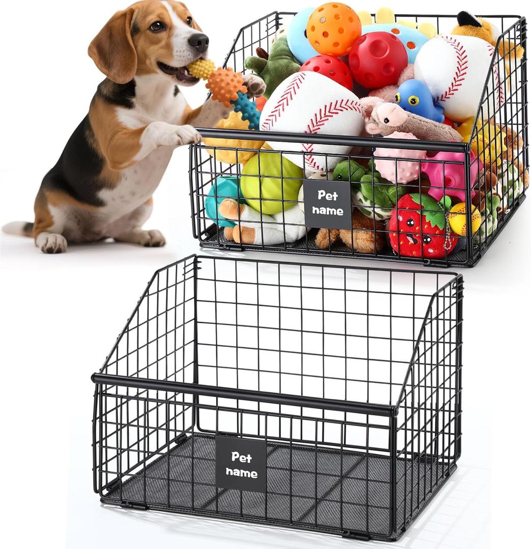 2Pcs Dog Toy Basket Metal Chew Resistant Dog Toy Bin Chest Storage Box Wire Organizer Basket for Pet Puppy Cat Food Storage Home Office Kitchen(14.4 x 12.6 x 10 Inches)