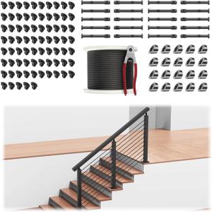 36" Stair Railing Post Kits(Post 35"x2"x2"), Adjustable Top Stair Cable Post System Includes 3Pack Stair Posts, 200FT Wire Rope, Black Swageless Cable Railing System Kit(No Handrail), RG32