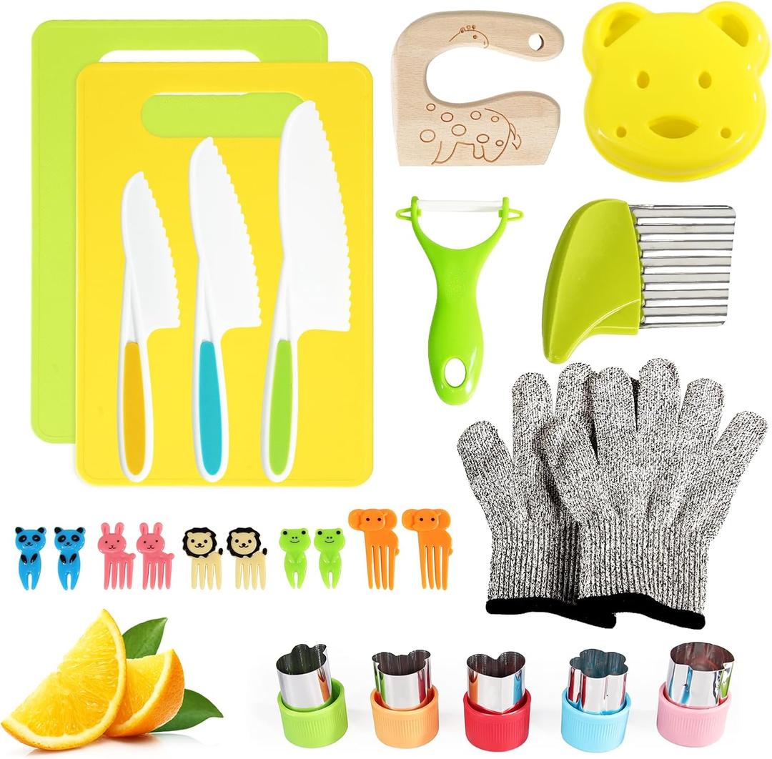 26 Pcs Kids Knife Set, Montessori Kitchen Tools for Toddlers' Real Cooking, BPA Free Knife Set Includes Crinkle Cutters Kid Safe Knives Cutting Board Peeler, Kitchen Tools for 4+ Year Old Girl Boy