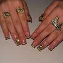 24Pcs Short Square Press on Nails Reusable Fake Nails Glitter French Tip False Nails with Golden Rhinestone Design Short Handmade Nails Acrylic Nails Press ons Summer Stick Glue on Nails for Women