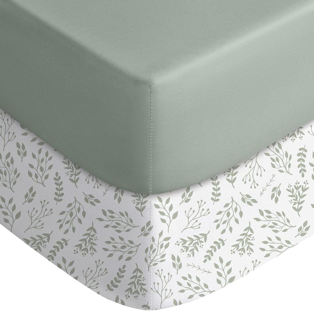 Yoofoss Pack and Play Sheets Fitted, Mini Crib Sheets 2-Pack for Pack N Play Mattress, Stretchy Playard Sheet, Soft and Breathable Green + Leaf