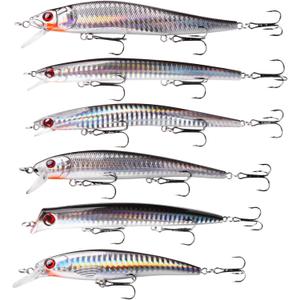 Saltwater Fishing Lures Kit 6pcs Minnow Plugs Topwater Crankbaits Popper Jerkbait with Treble Hooks Surf Fishing Lures Striper Bass Artificial Hard Baits Black Silver