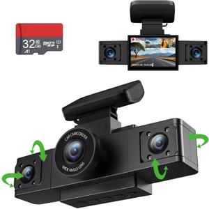 3 Channel 1080P Dash Cam Front and Inside Left/Right, Free 32G Card, Dash Camera Loop Recording, Triple Camera for Cars 24 Hours/7 Parking Monitor, Wide Angle, IR Night Vision, with G-Sensor, Black