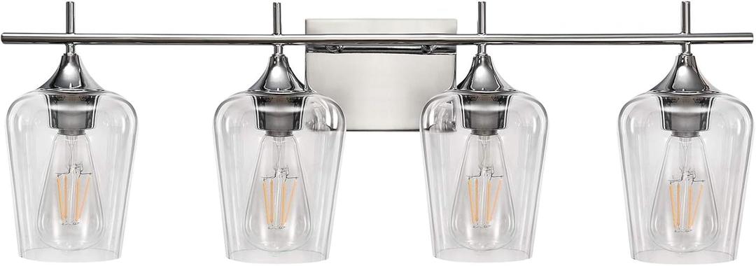 Vanity Lights Fixtures, 4 Light Bathroom Light, Chrome Wall Light with Clear Glass Shade, Modern Bathroom Wall Sconce Lighting for Bath, Living Room, Bedroom, Stairs, Gallery, Restaurant (4 Lights, Chrome)