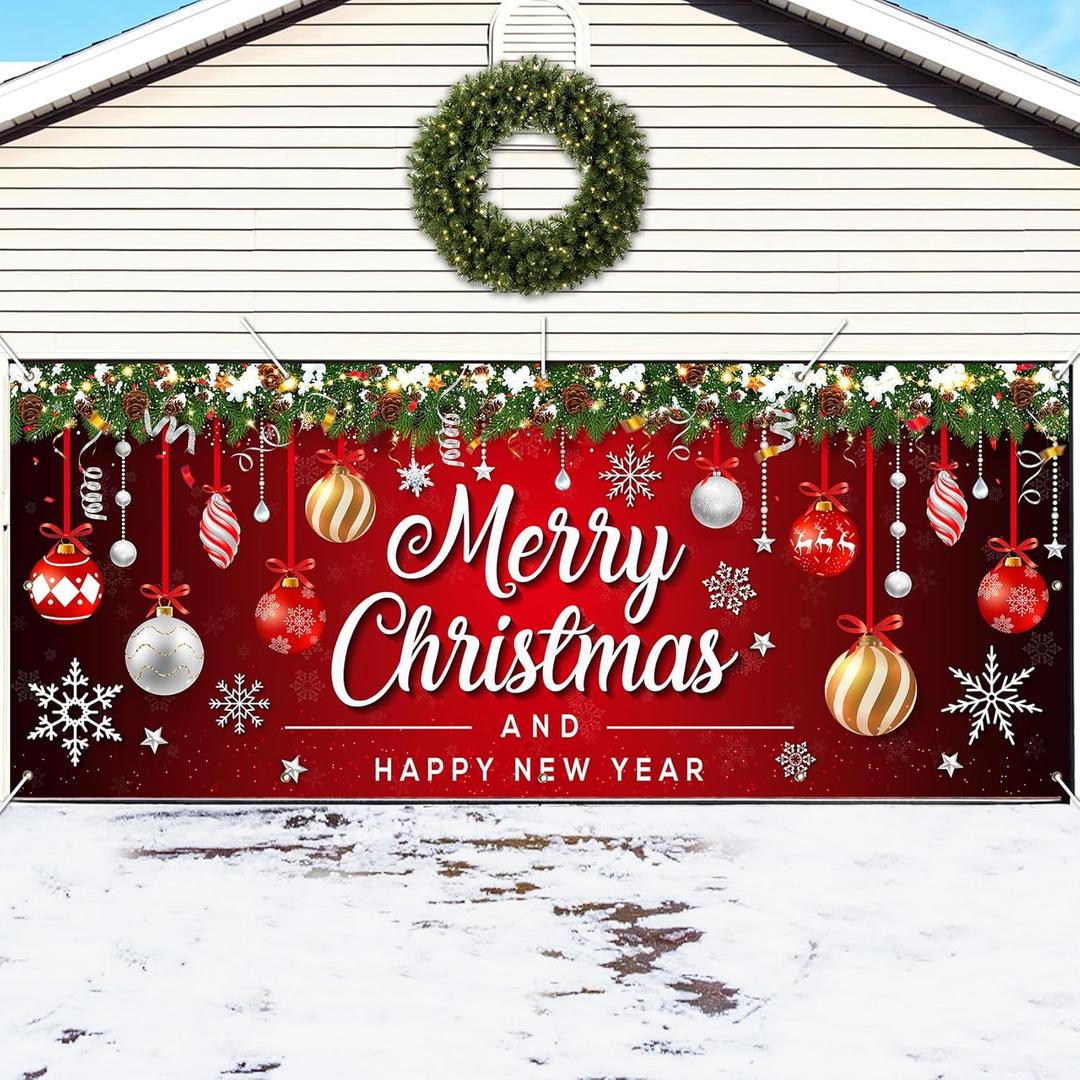 Korlon Tec 7 x 16 Ft Christmas Garage Door Cover Decorations, Merry Christmas Garage Door Banner for Outdoor Indoor Home Wall Party Photo Backdrops