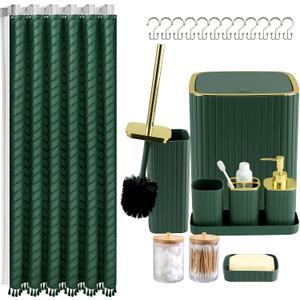 Bathroom Accessories Set-23Pcs Set, Complete Bathroom Decor & Home Decor, Bathroom Set with Toilet Brush, Trash Can, Soap Dispenser,Modern Bath Essentials (Green, Bath Set+Shower Curtain&Liner Set)