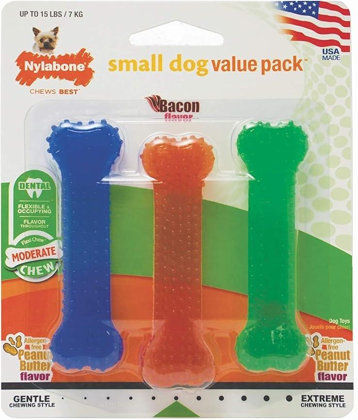 Nylabone Flexi Chew 2 Peanut Butter, 1 Bacon Petite 3pk