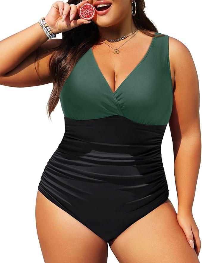 Amazon.ae Aqua Eve Women Plus Size One Piece Swimsuits Tummy Control Bathing Suits V Neck Ruched Swimwear Green and Black, Size 18W