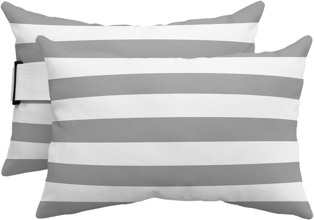 T&H XHome Outdoor Pillow for Chaise Lounge Chair, Gray and White Stripe Waterproof Headrest Pillow Lumbar Pillows with Adjustable Elastic Strap for Beach, Poolside, Patio, Office (2 Pack)