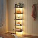 Tajsoon 5-Tier Ladder Shelf with LED Light, Wall Mounted Ladder Bookshelf with Metal Frame, Wall Ladder Bookshelf for Living Room, Bedroom, Office, Rustic Brown
