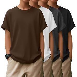 LessonZoo 4 Pack Boys Short Sleeve Shirts Crewneck Kids Tops for Ages 5-14 Loose Fit Basic Casual Soft Plain Youth Tees(9-10 Years, Black, Dark Mixed Gray, White, Brown), 9-10Y