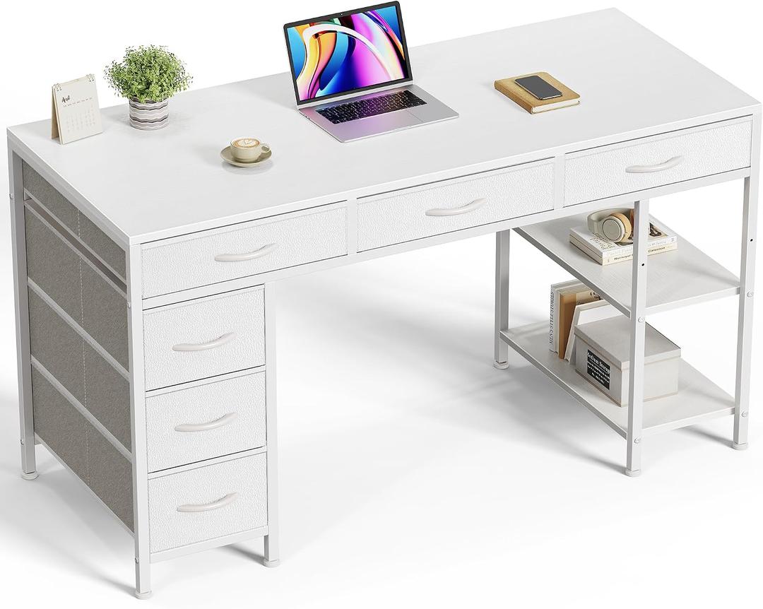 Huuger Computer Desk with 6 Drawers, Office Desk with Shelves, Reversible Gaming Desk, Corner Desk with Storage, Work for Home Office, Study, Living Room, 47inch, White