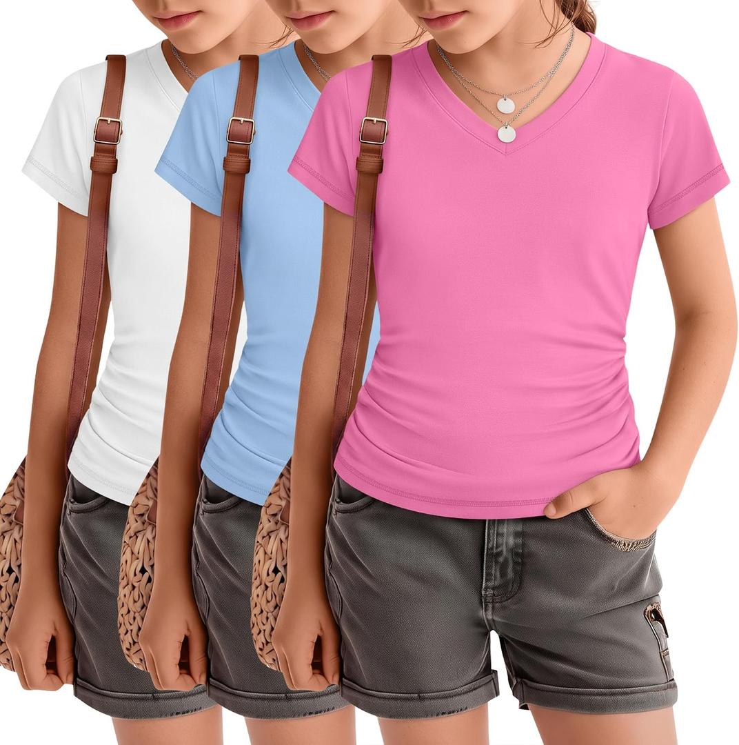3 Pack Girls Short Sleeve Shirts Summer Slim Fit V Neck Tops Side Ruched Cute Tees Basic Clothes for Kids 5-14 Years