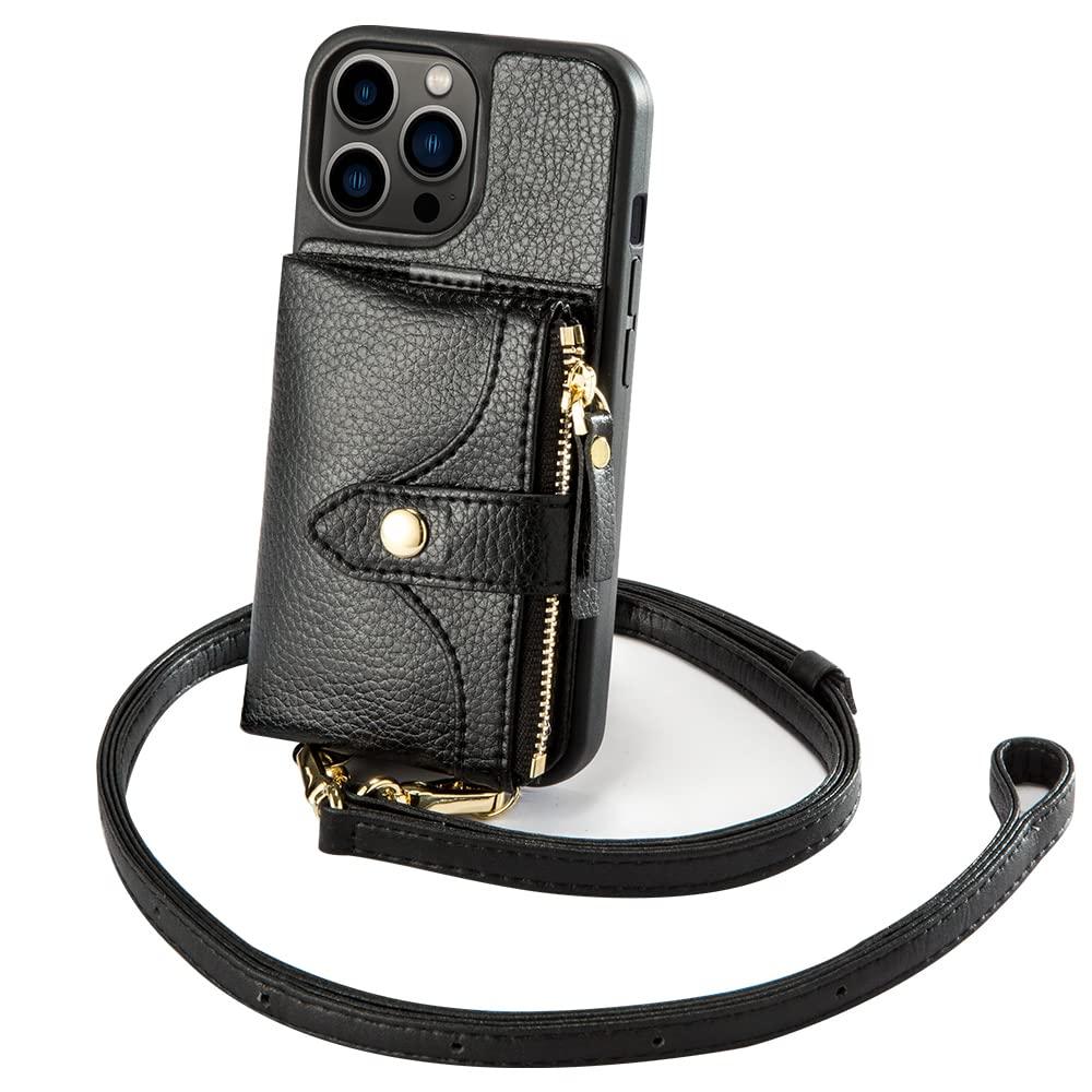 LAMEEKU Compatible with iPhone 12 Pro Max Case Wallet, Leather Card Holder Case with Adjustable Crossbody Strap, Zipper Coin Purse Wallet Case Designed for iPhone 12 Pro Max 6.7' Black 