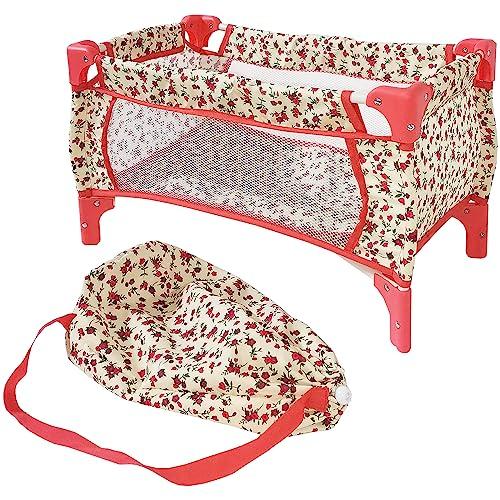 Baby Doll Crib Toddler Toy, Baby Doll Accessories, Baby Doll Bed Set for 3 Year Old Girls & 5+ Year Old Girls, Girl Doll Stuff, Furniture for Dolls & Accessories, 18 inch Dolls Pack and Play (Floral)