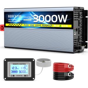 12V 3000W Pure Sine Wave Inverter 12V DC to 110V/120V AC Converter with 4AC Outlets, 5V/3.4A USB, Remote Control with on-Screen Display, Off-Grid Solar Power Inverter for Truck, Home, Vehicles, RV