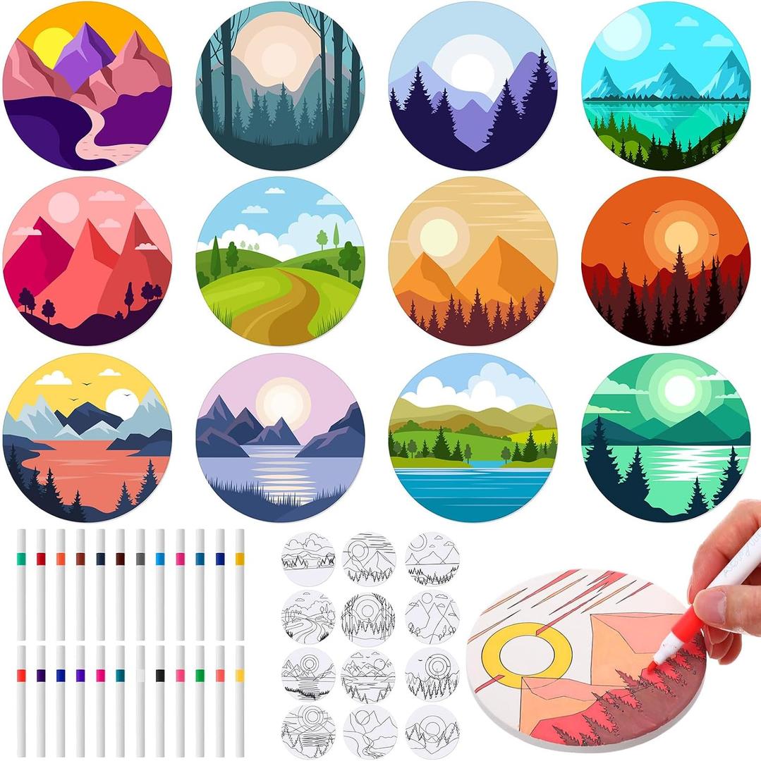 Potchen 12 Pcs Coasters Color Your Own Coaster Ceramic DIY Kits for Adults Absorbent Spring Drink Coasters with Cork Base and 12 Markers for Adult Home Table DIY Crafts Gift(Landscape)