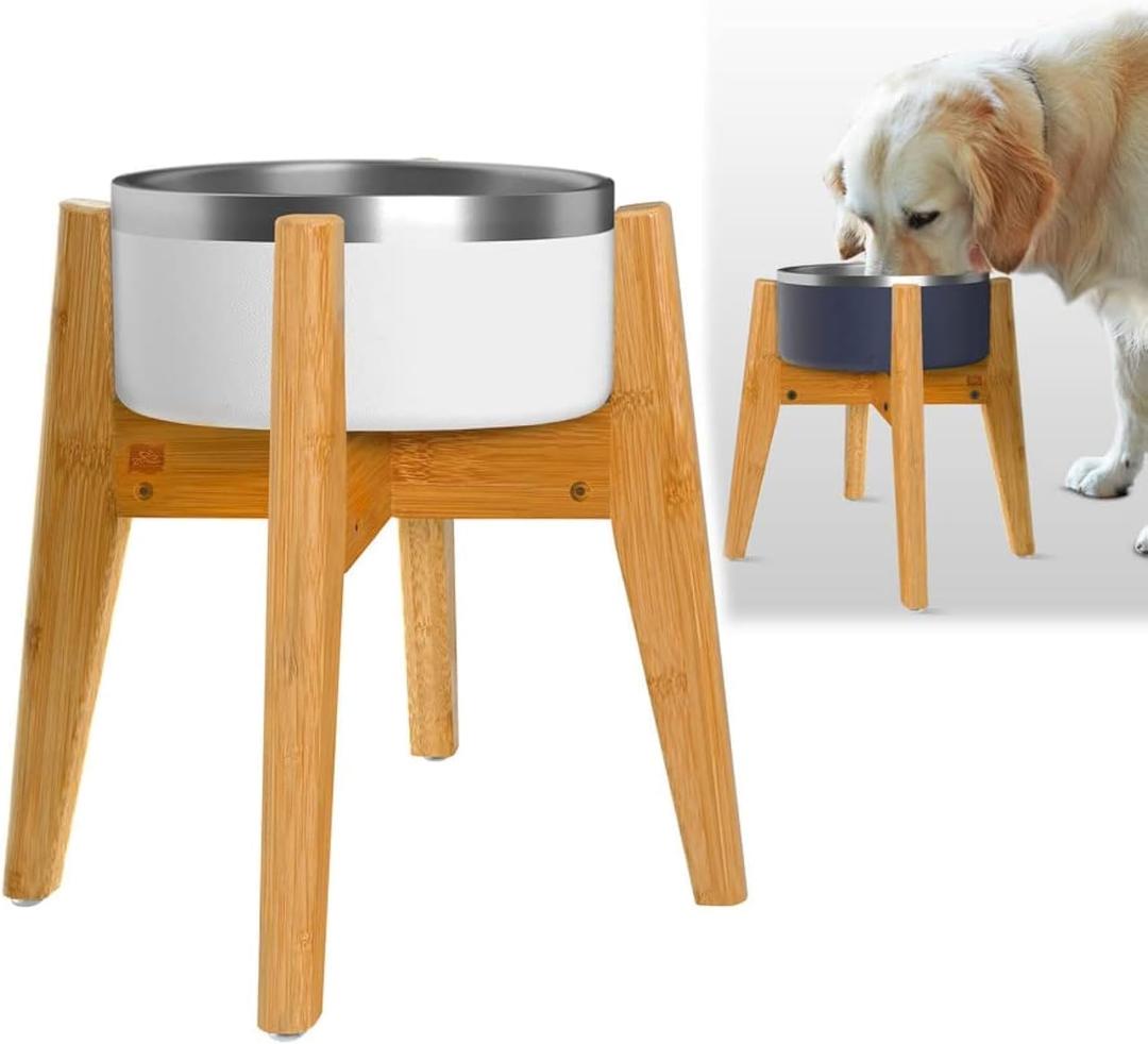 Dog Bowl Stand (14-inch High) - Ideal for Large Breeds, Use to Elevate, Raise Pet Dishes, Water Fountains and Slow Feeders - Adjustable Sideways, Bamboo - (Bowls not Included) (Height: 14"-15" / Width: Adj. 8"-11")