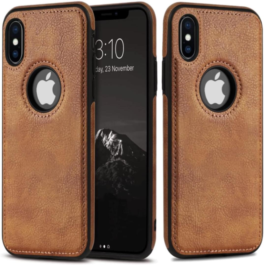 Unique Design Luxury Leather Business Phone Case for iPhone X & iPhone Xs Anti-Slip Scratch Resistant Ultra Slim Protective Case (2018,5.8) (Brown)