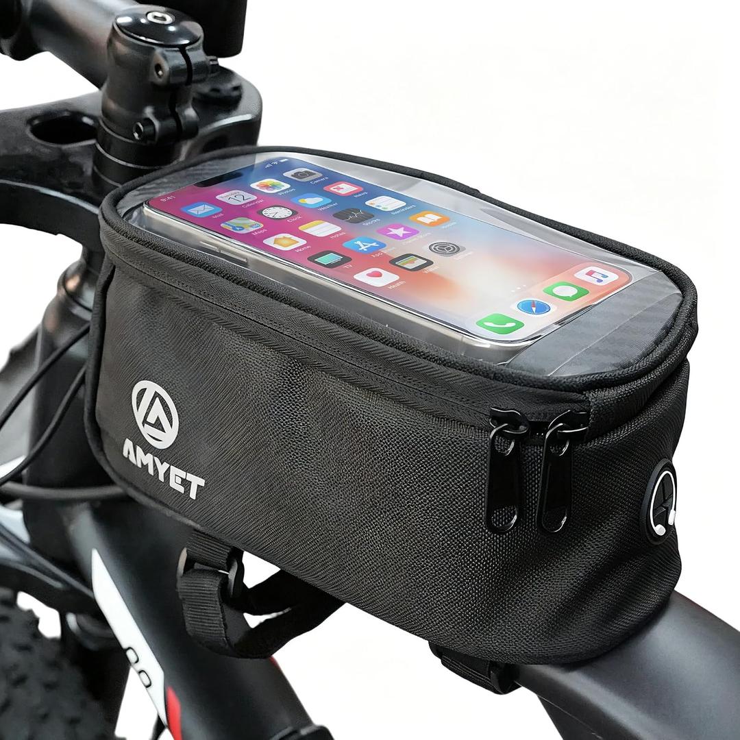 WB01 Large Waterproof Bike/Bicycle Phone Front Frame Bag,Water-resistant Tube Bag Phone Holder with Touchscreen & Storage,Cycling Pouch, Navigation Bike Accessories for Phone Under 7", Black