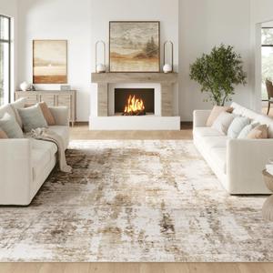 Fmfunctex 9x12 Washable Abstract Area Rug Brown Grey Neutral Modern Large Non Slip Carpet for Living Room Bedroom Soft Low Pile Indoor Mat Accent Throw Rug for Dining Kitchen Office Nursery, Grey Gold