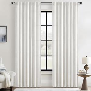 Linen Curtains 90 Inches Long Floor to Ceiling Track Pleated Light Filtering Curtain, Elegant Neutral Privacy Beige Off White Sheer Pleated Window Drapes for Kids Room/Nursery Rod Pocket 2 Panels