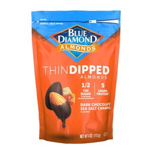 Blue Diamond Almonds, Dark Chocolate Sea Salt Caramel Covered Thin Dipped Snack Nuts for Guilt-Free Snacking with Half the Sugar, Perfect for Gathering, Holidays, or Craving a Sweet Treat, 4oz. Resealable Bag