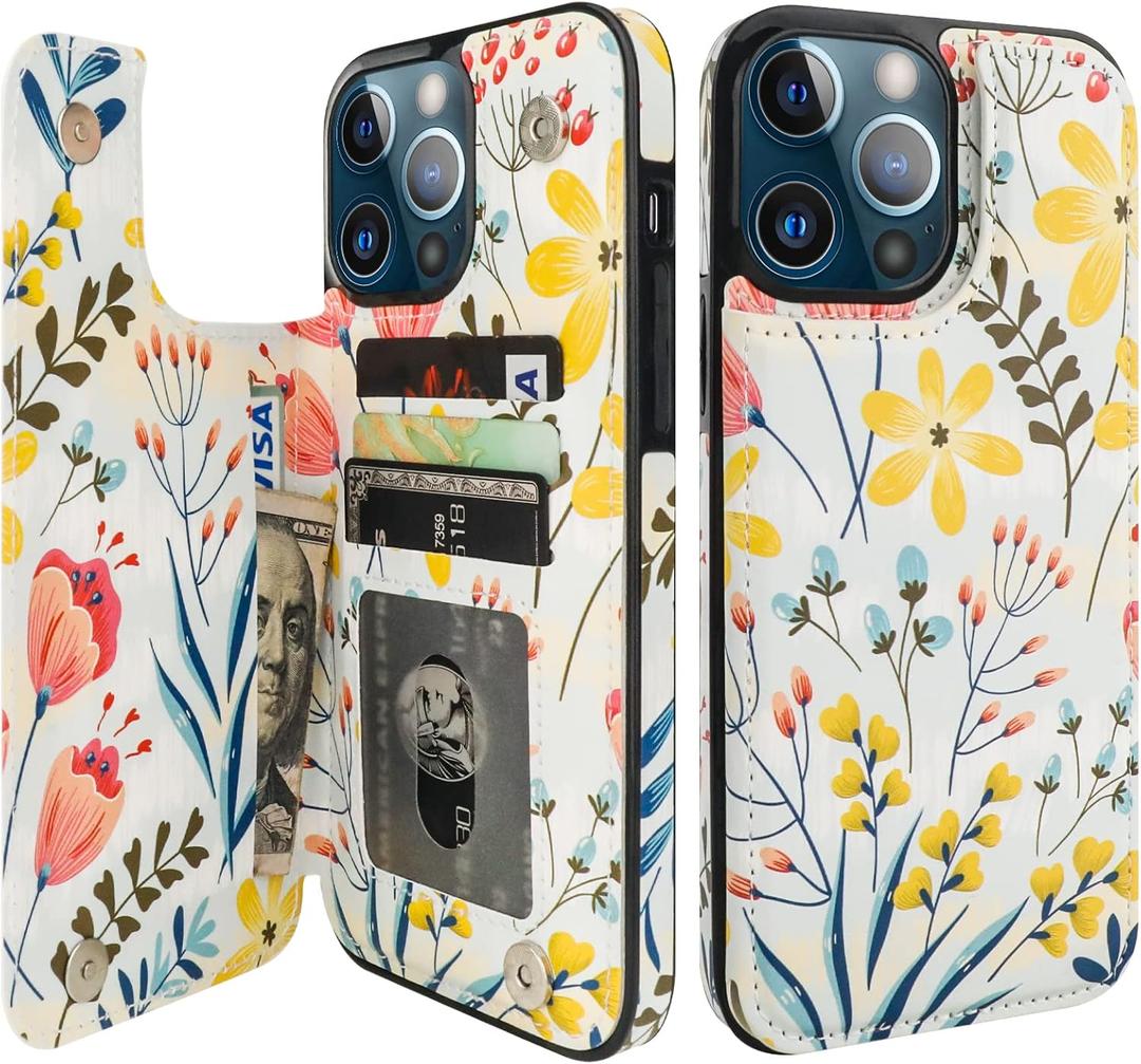 HAOPINSH for iPhone 13 Pro Max Wallet Case with Card Holder, Floral Flower Back Pattern Folio Flip PU Leather Kickstand Card Slots Case, Double Magnetic Clasp Durable Shockproof Cover 6.7"