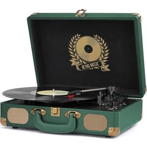 Vinyl Record Player Bluetooth Turntable 3-Speed Suitcase Portable Vintage Belt-Driven Record Player with Built-in Speakers RCA Line Out AUX in Headphone Jack Dark Hunter Green