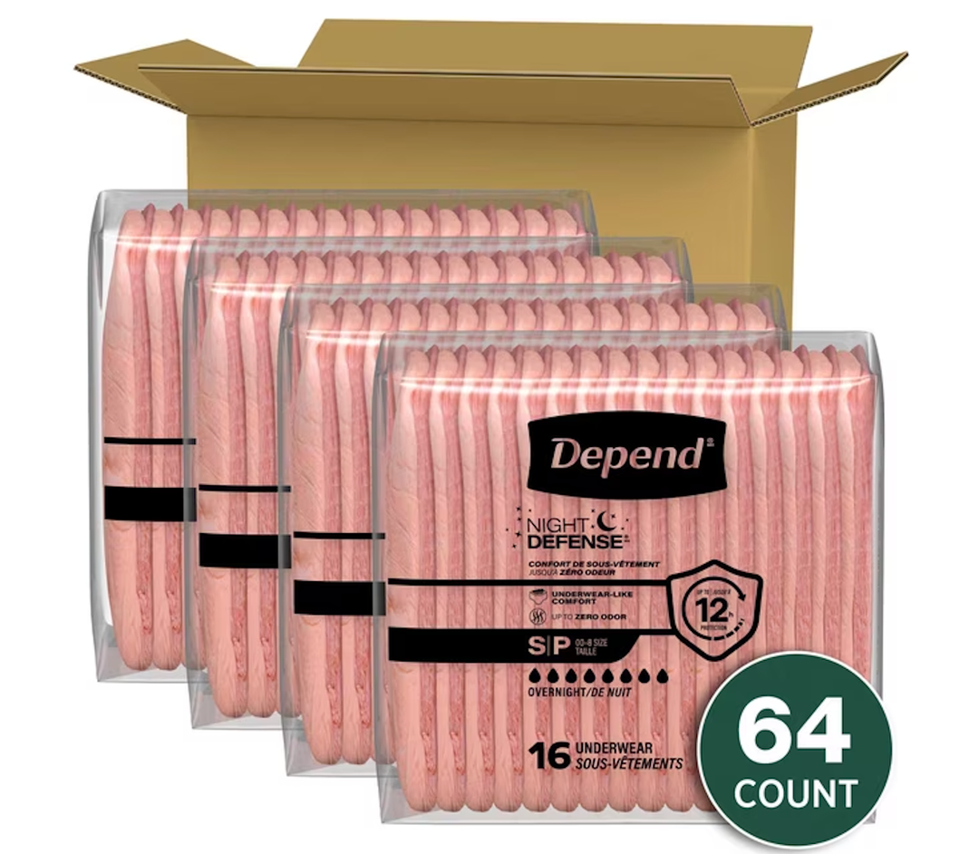 Depend Night Defense Incontinence Underwear for Women, Adult Diapers, S (64 Count)