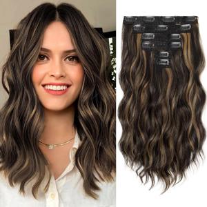 KooKaStyle Clip in Hair Extensions 6PCS Short Synthetic Hair Extensions Soft Wavy Curly Hairpieces Balayage Highlights Color for Women 14Inch(Balayage Dark Brown to Chestnut)