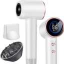 Hair Dryer with Diffuser,High Speed Ionic Blow Dryer 500 Millions Negative Ionic Low Noise,Magnetic Attachments,Thermo Control for Home Travel Salon White