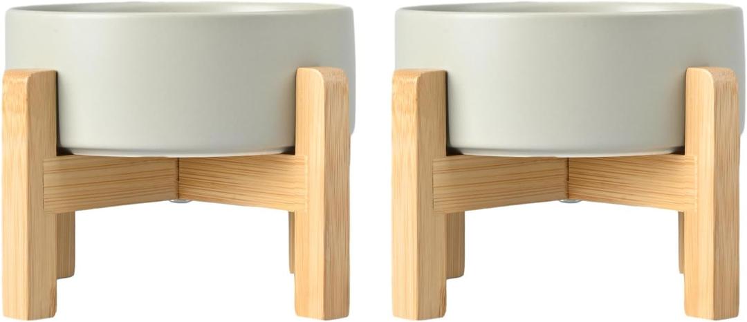 SPUNKYJUNKY Ceramic Elevated Dog Bowls 2 Pack - 8.3inch Raised Dog Bowls with Non-Slip Wooden Stand for Large Dogs Dishwasher Safe(Grey,60OZ*2)