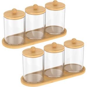 6Pack Qtip Holder Dispenser with Bamboo Lids, Cotton Round Holder with Tray for Cotton Swab, Ball, Pads and Floss,Clear Plastic Jar Containers for Vanity Makeup Organizer Storage (Style 01(6pcs))