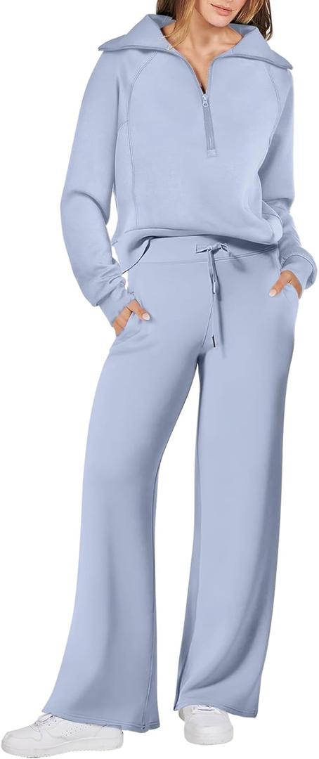ANRABESS Women 2 Piece Outfits 2025 Fall Fashion Airport Wide Leg Pants Lounge Set Leisure Travel Vacation Clothes Sweatsuits (X-Large, Sky Blue)