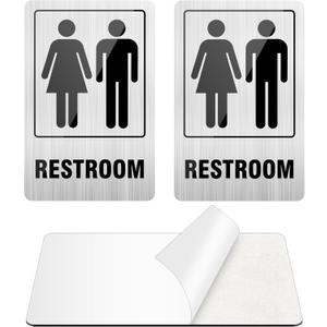 Restroom Sign, (2 Pack) Self-adhesive Bathroom Signs for Home, Aluminum Restroom Signs for Business, Unisex Bathroom Sign for Door and Wall, Rust free for Offices and Restaurants (Brushed, 6 x 4 inches Bathroom Signs)