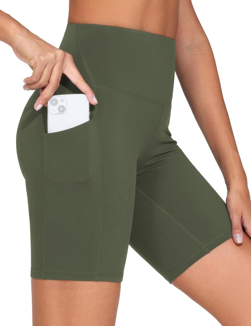 THE GYM PEOPLE Women's High Waist Workout Shorts 8"/5"/3" Stretchy Tummy Control Yoga Biker Running Shorts with Pockets (Green, L)