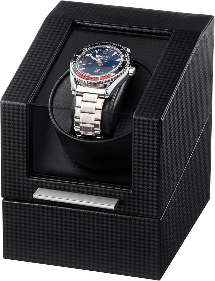 ProCase Watch Winder for Automatic Watches, Single Automatic Watch Winder Rotator Shaker Box with Quiet Motor and Flexible Pillow, Rotating Watches Case Gifts for Men Women -1 Slot (1 Slot--Black Carbon Fiber Leather)