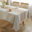 JIALE Tablecloths for Rectangle Tables, Cotton Linen Table Cloth Waterproof Tablecloth Wrinkle Free Farmhouse Dining Tables Cover, Soft Fabric Table Cloths with Tassels, Brown, 55" X 86", 6-8 Seats